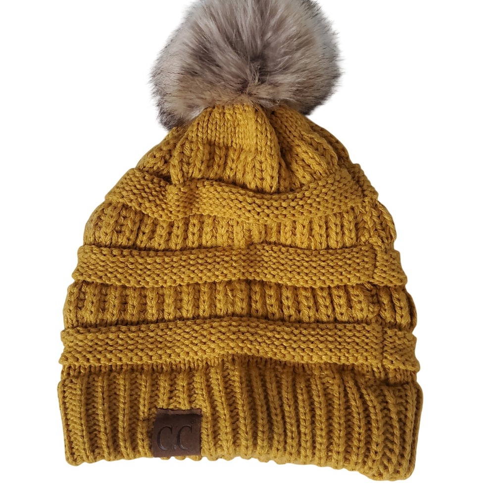 CC Originals Mustard Yellow Knit Beanie Pom Faux Fur Adult One Size‎